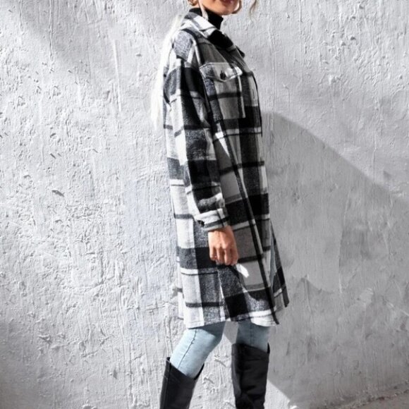 Boho  Plaid Print Flap Pocket button down Duster Jacker Coat black white - Picture 7 of 7